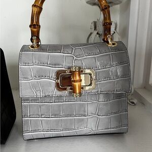 Gray Crocodile-Embossed Bag with Bamboo Handle